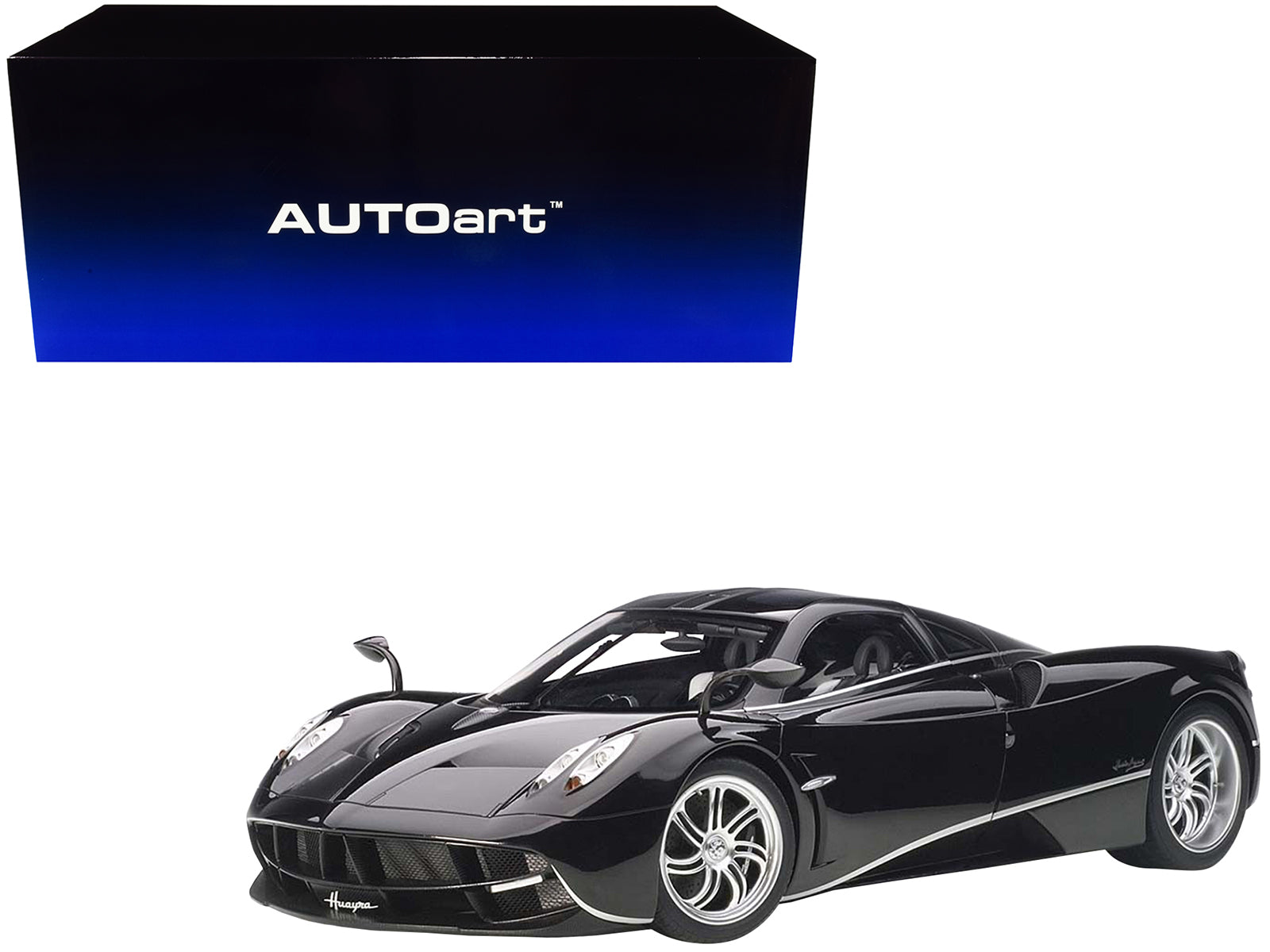 Pagani Huayra Gloss Black with Silver Stripes and Silver Wheels 1/12 Model Car by Autoart-DiecastModeler.com
