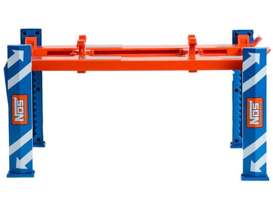 Adjustable Four Post Lift "NOS Nitrous Oxide Systems" Blue and Orange for 1/18 Scale Model Cars by Greenlight-DiecastModeler.com