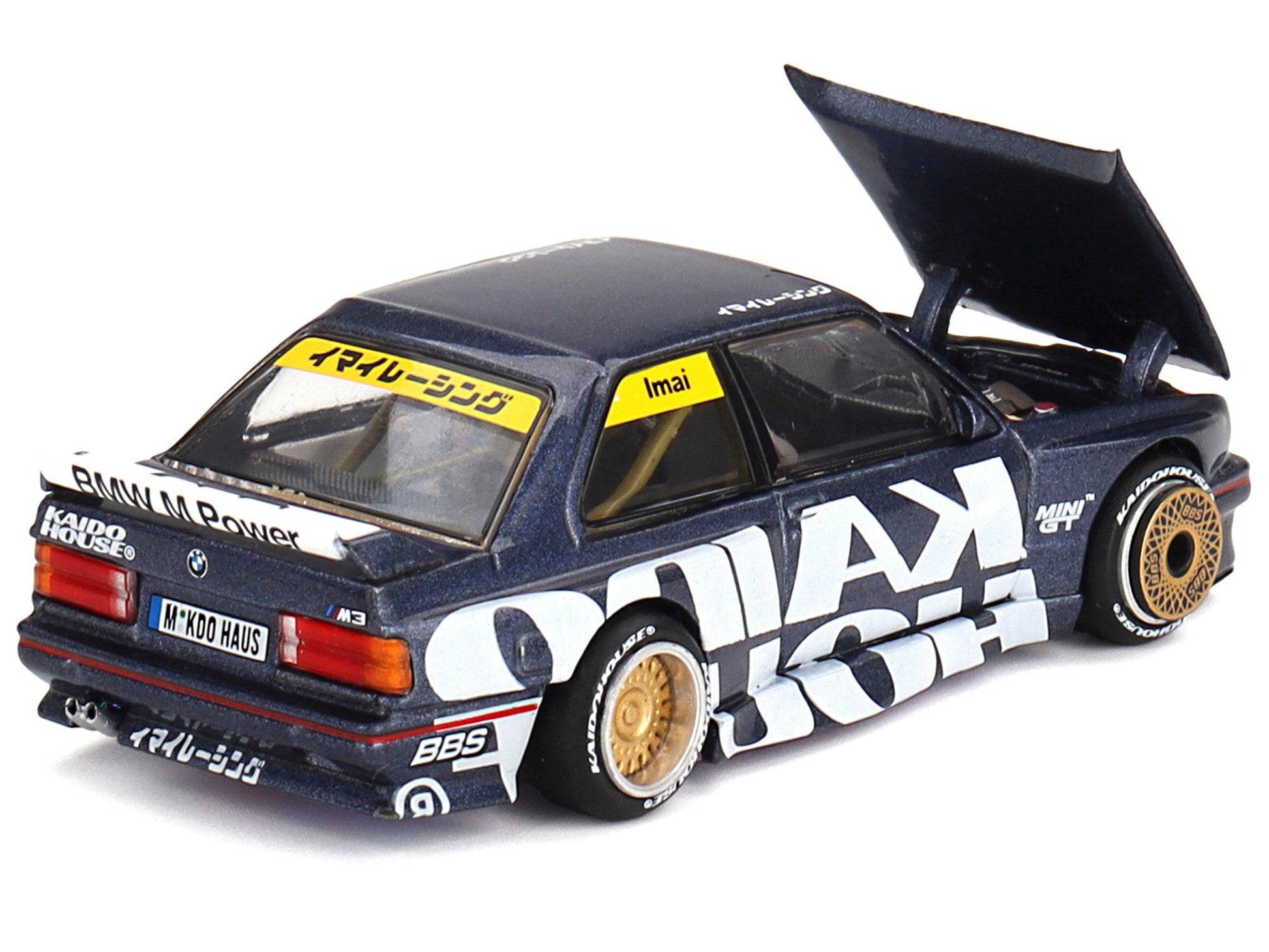 BMW M3 (E30) "Kaido Works V1" Dark Blue Metallic with Graphics (Designed by Jun Imai) "Kaido House" Special 1/64 Diecast Model Car by Mini GT-DiecastModeler.com