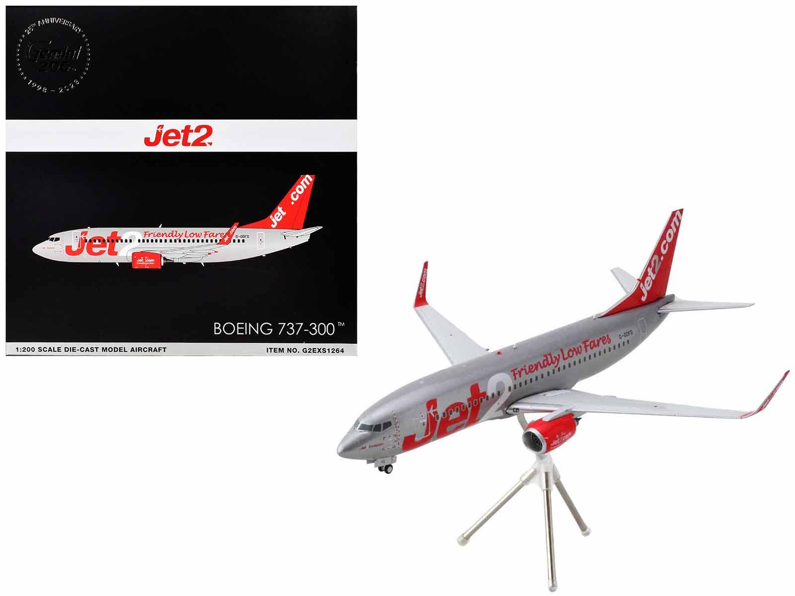 Boeing 737-300 Commercial Aircraft "Jet2" (G-GDFG) Gray Metallic with Red Tail "Gemini 200" Series 1/200 Diecast Model Airplane by GeminiJets-DiecastModeler.com