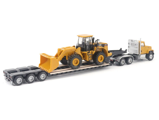 CAT Caterpillar CT681 Day Cab Tractor Yellow with Lowboy Trailer and CAT 950G Wheel Loader Yellow 1/87 (HO) Diecast Model by Diecast Masters-DiecastModeler.com