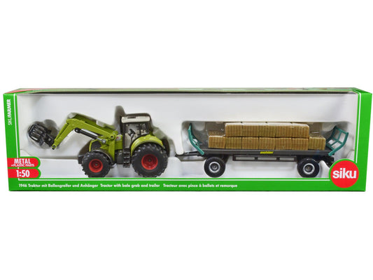 Claas Tractor with Square Bale Grab Green and Oehler Bale Trailer with 12 Hay Bales 1/50 Diecast Model by Siku-DiecastModeler.com