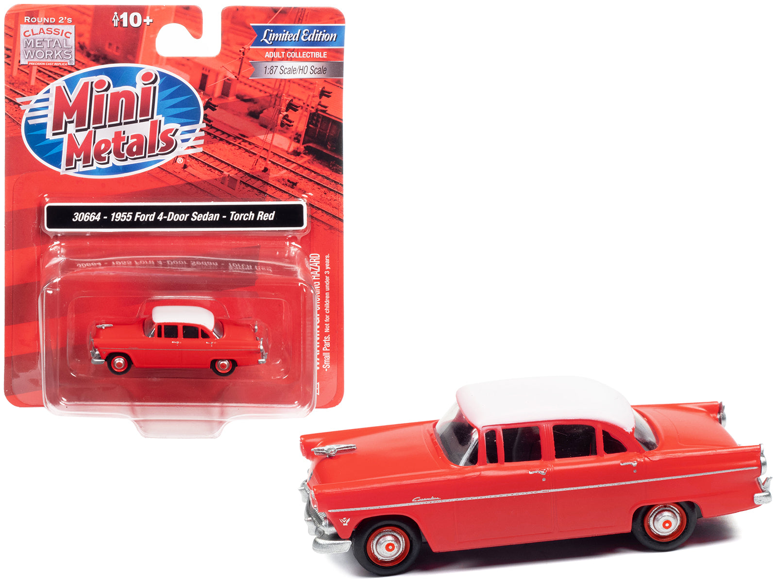 1955 Ford 4-Door Sedan Torch Red with White Top 1/87 (HO) Scale Model Car by Classic Metal Works-DiecastModeler.com
