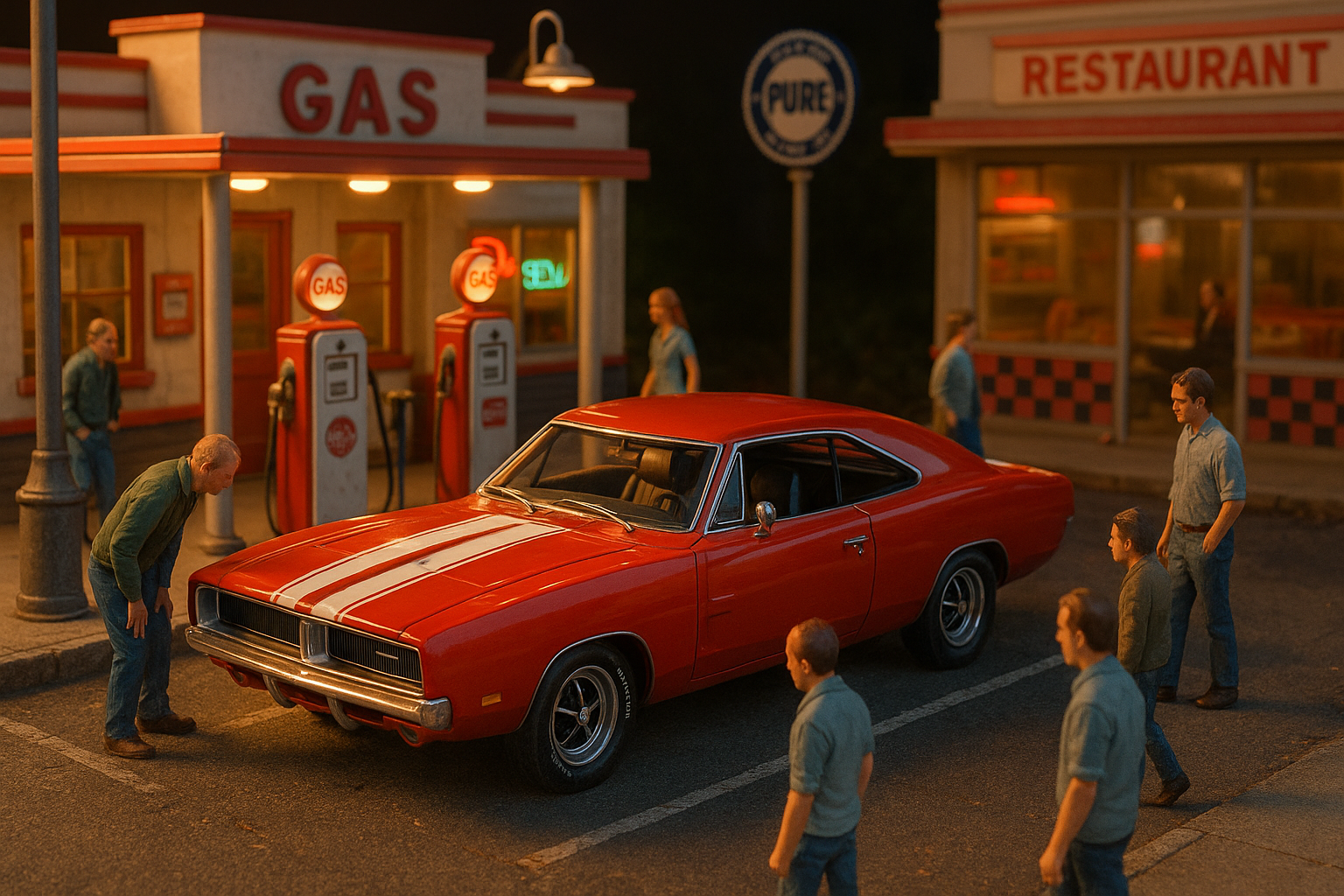 diecast model muscle car in diorama setting with old gas station and restaurant in the background, also a few people admiring the cars