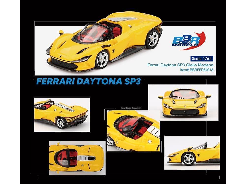 Ferrari Daytona SP3 Giallo Modena Yellow with Red Interior 1/64 Diecast Model Car by BBR-DiecastModeler.com