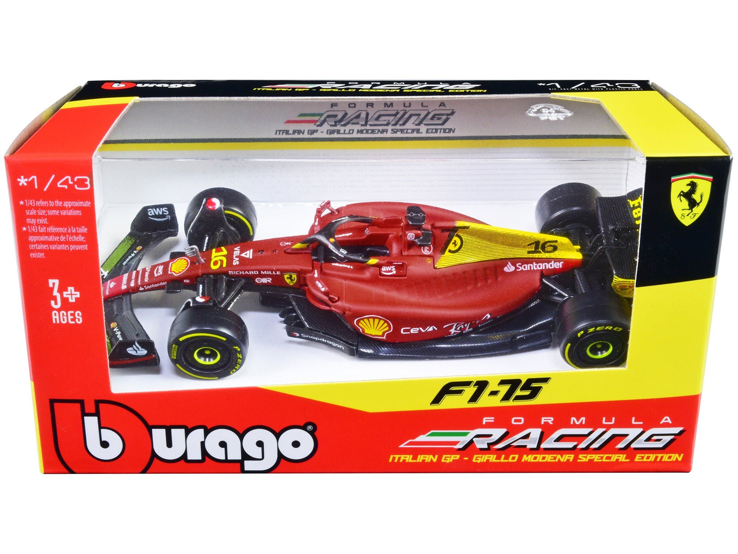 Ferrari F1-75 #16 Charles Leclerc "Giallo Modena" 2nd Place Formula One F1 Italian GP (2022) "Formula Racing" Series 1/43 Diecast Model Car by Bburago-DiecastModeler.com