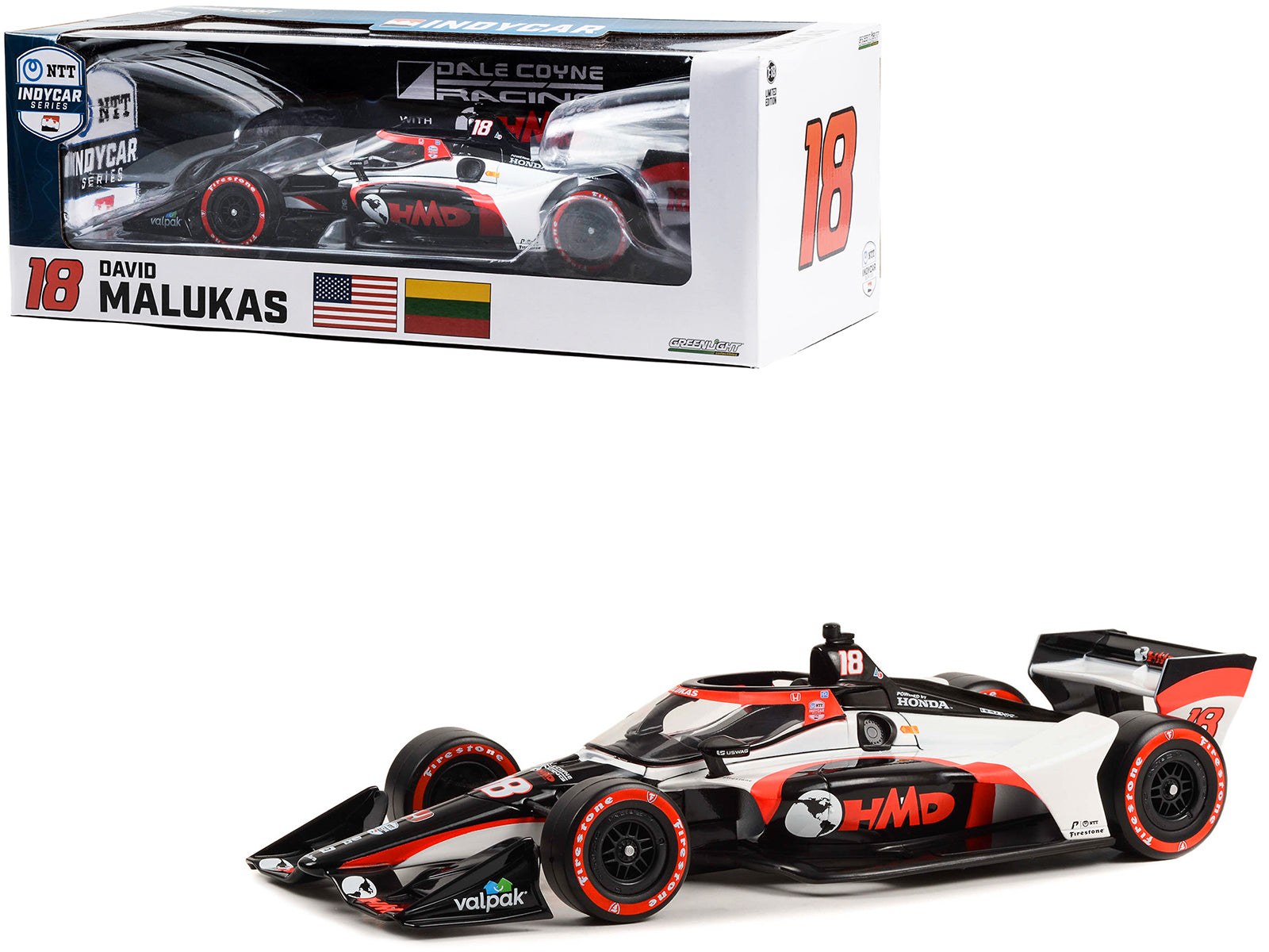 Dallara IndyCar #18 David Malukas "HMD Trucking" Dale Coyne Racing with HMD Motorsports (Road Course Configuration) "NTT IndyCar Series" (2023) 1/18 Diecast Model Car by Greenlight-DiecastModeler.com