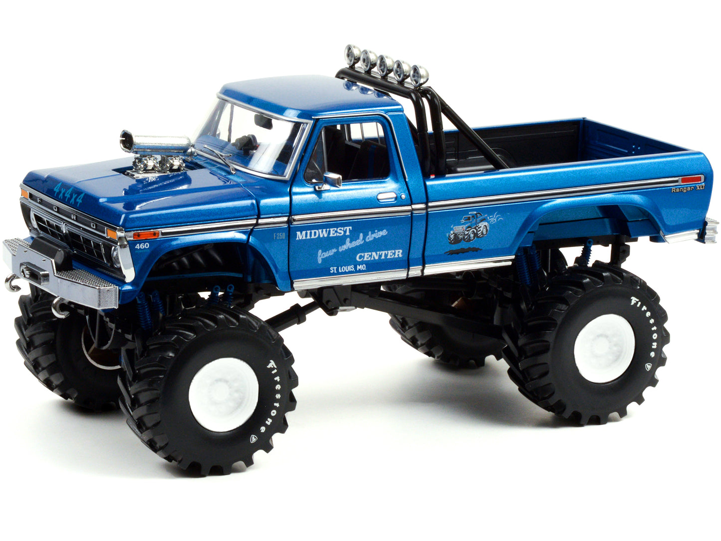 1974 Ford F-250 Ranger XLT Monster Truck with 48-Inch Tires Blue Metallic "Midwest Four Wheel Drive Center" "Kings of Crunch" Series 1/18 Diecast Model Car by Greenlight