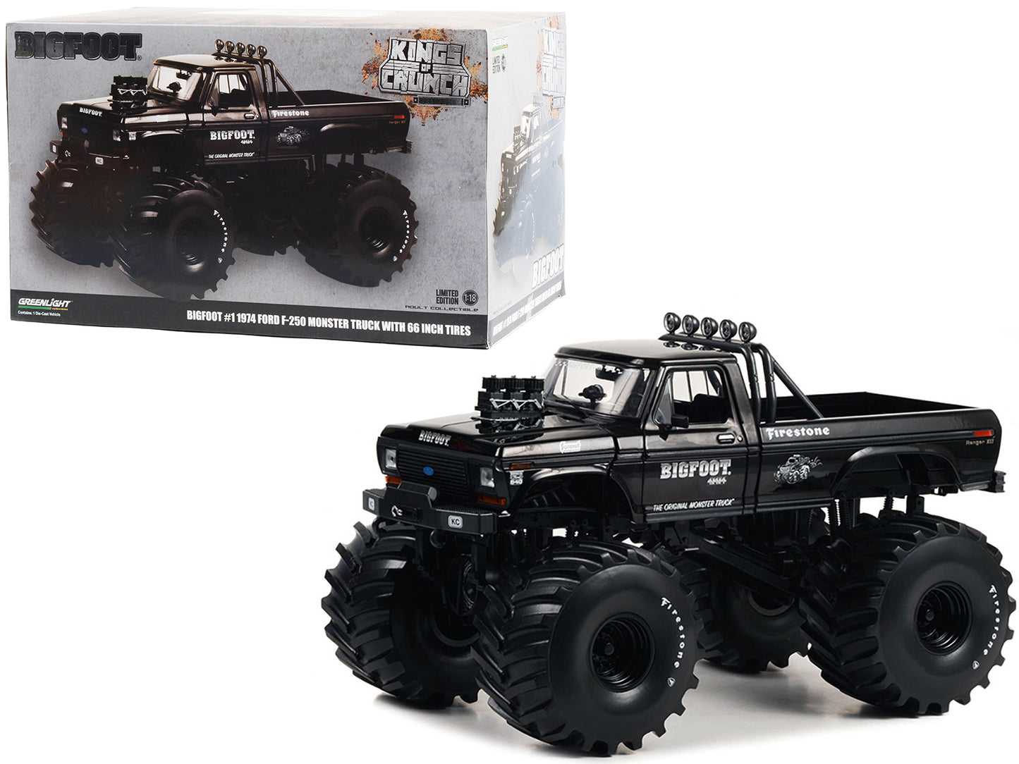 1974 Ford F-250 Monster Truck with 66-Inch Tires Black Bandit Edition "Bigfoot #1" "Kings of Crunch" Series 1/18 Diecast Model Car by Greenlight