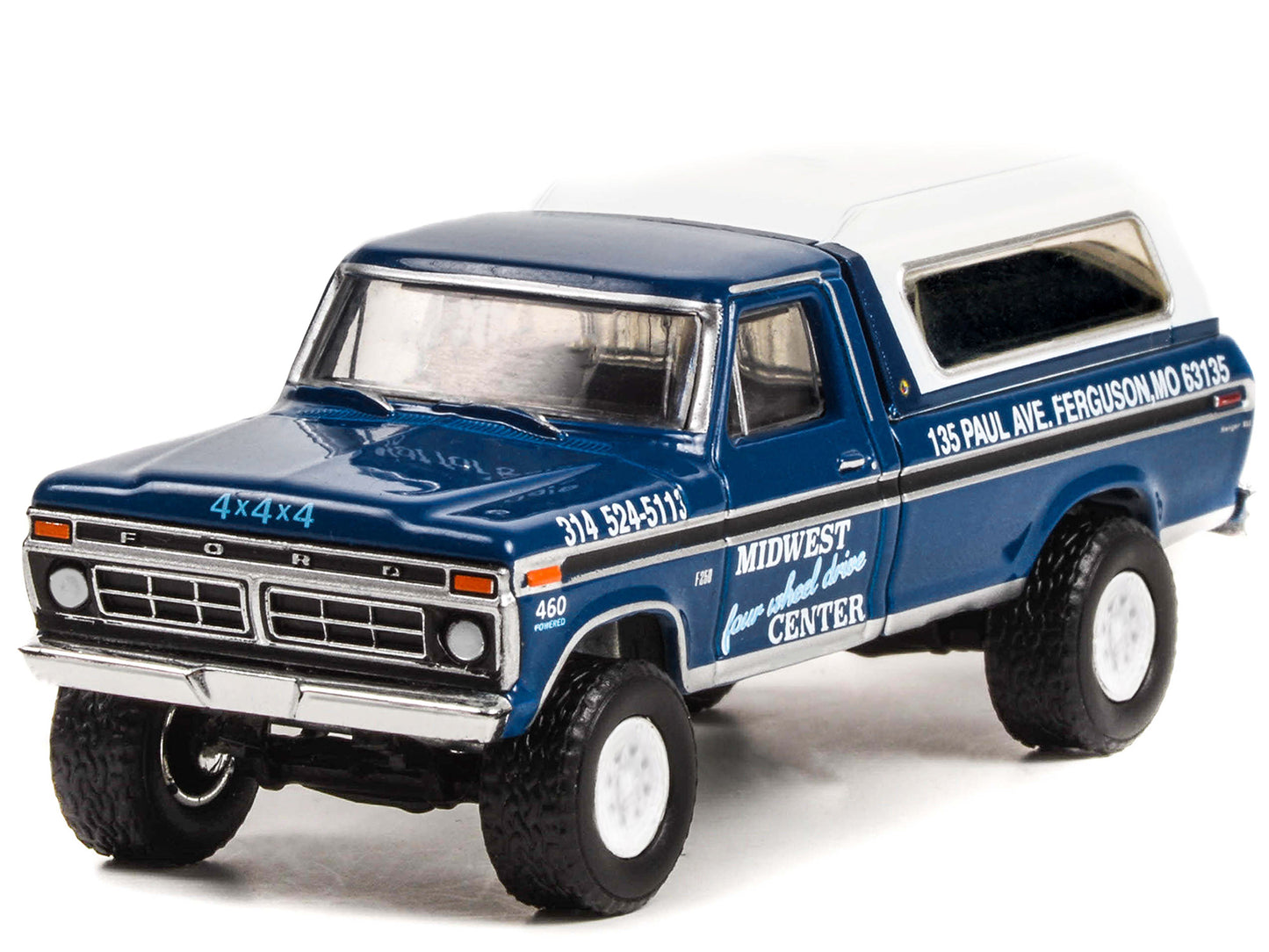 1974 Ford F-250 Pickup Truck with Camper Shell Blue Metallic with Black Stripes "Bigfoot - Midwest Four Wheel Drive Center" "Hobby Exclusive" 1/64 Diecast Model Car by Greenlight