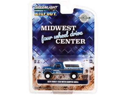 1974 Ford F-250 Pickup Truck with Camper Shell Blue Metallic with Black Stripes "Bigfoot - Midwest Four Wheel Drive Center" "Hobby Exclusive" 1/64 Diecast Model Car by Greenlight