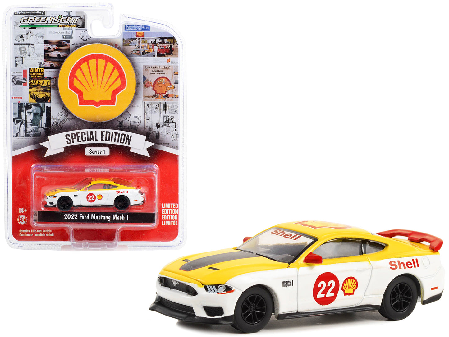 2022 Ford Mustang Mach 1 #22 Yellow and White "Shell Racing" "Shell Oil Special Edition" Series 1 1/64 Diecast Model Car by Greenlight-DiecastModeler.com