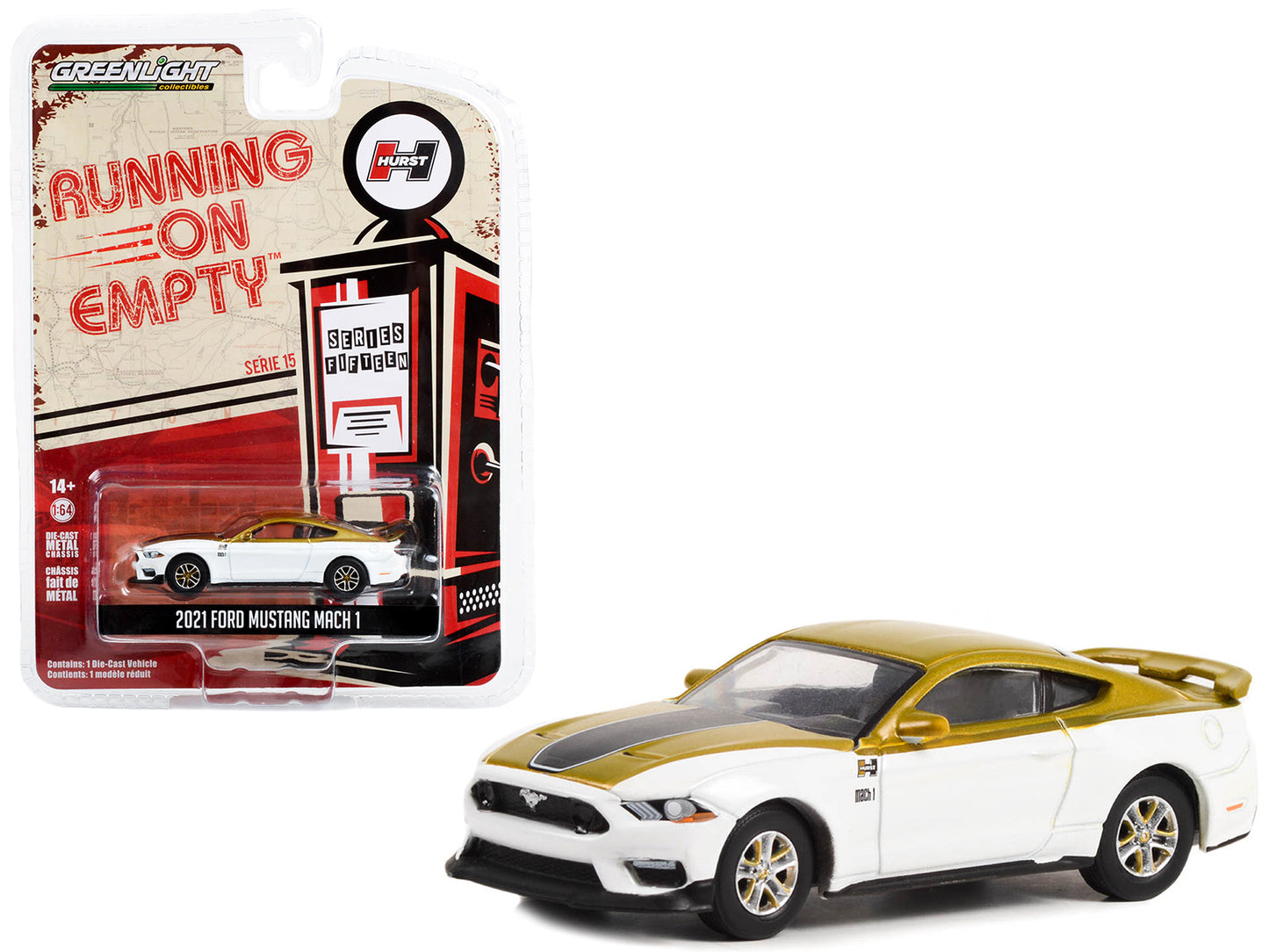 2021 Ford Mustang Mach 1 White and Gold with Black Stripe "Hurst Performance" "Running on Empty" Series 15 1/64 Diecast Model Car by Greenlight-DiecastModeler.com