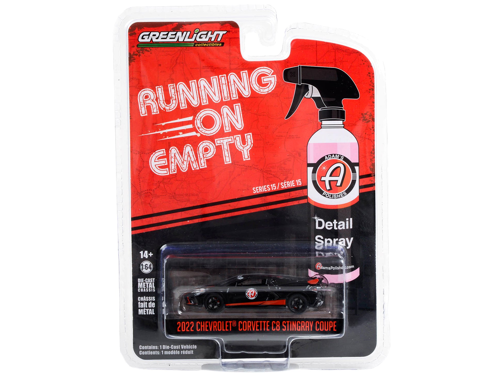 2022 Chevrolet Corvette C8 Stingray Coupe Black with Red Stripes "Adam's Polishes" "Running on Empty" Series 15 1/64 Diecast Model Car by Greenlight-DiecastModeler.com