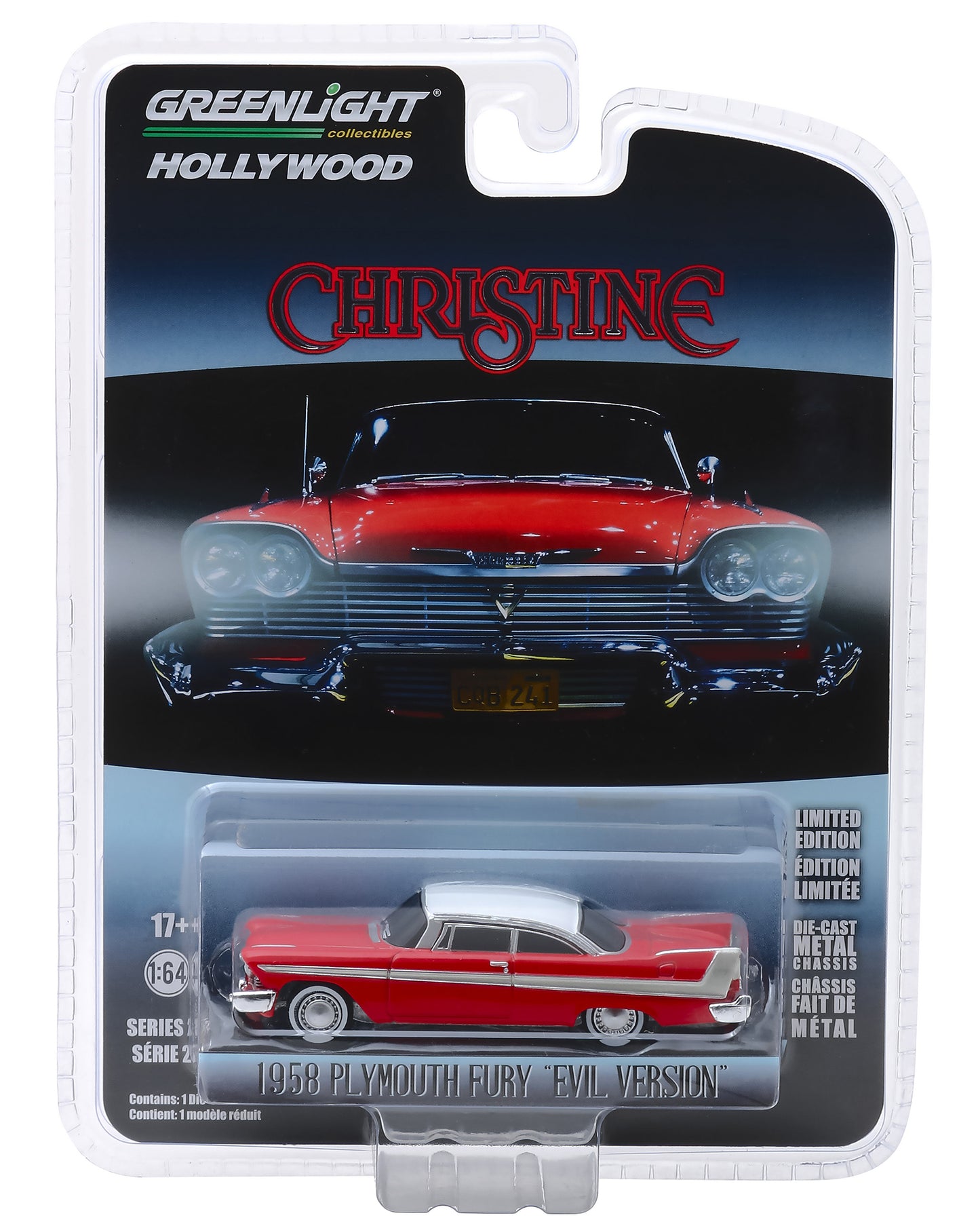 1958 Plymouth Fury Red with White Top "Evil Version" (Blacked Out Windows) "Christine" (1983) Movie "Hollywood Series" Release 24 1/64 Diecast Model Car by Greenlight