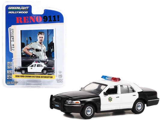 1998 Ford Crown Victoria Police Interceptor Black and White Reno Sheriff's Department "Lieutenant Jim Dangle" "Reno 911!" (2003-2009) TV Series "Hollywood Series" Release 38 1/64 Diecast Model Car by Greenlight-DiecastModeler.com