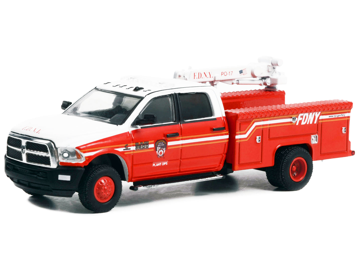 2018 Ram 3500 Dually Crane Truck Red and White with Stripes "FDNY (Fire Department of the City of New York) Plant Ops" "Dually Drivers" Series 10 1/64 Diecast Model Car by Greenlight