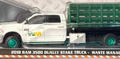 Greenlight - 2018 Ram 3500 Dually Stake Truck - Waste Management -1:64 diecast (GREEN)-DiecastModeler.com