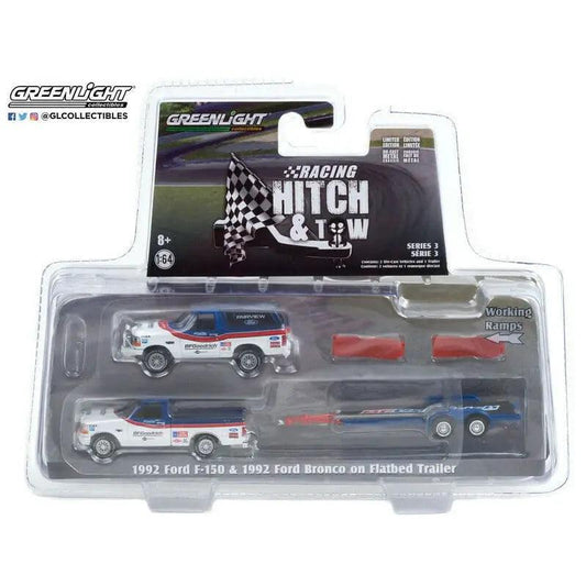 Hitch & Tow - Ford F-150 Pickup Truck and Ford Bronco with Flatbed Trailer BFGR-DiecastModeler.com