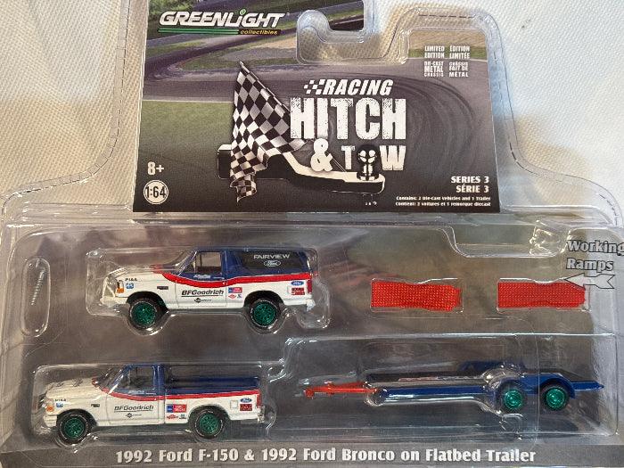 Hitch & Tow - Ford F-150 Pickup Truck and Ford Bronco with Flatbed Trailer BFGR (GREEN)-DiecastModeler.com