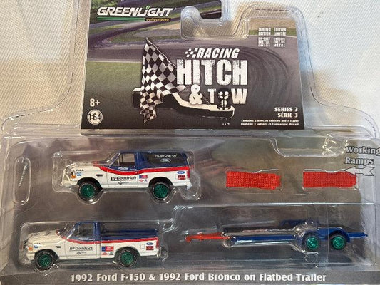 Hitch & Tow - Ford F-150 Pickup Truck and Ford Bronco with Flatbed Trailer BFGR (GREEN)-DiecastModeler.com