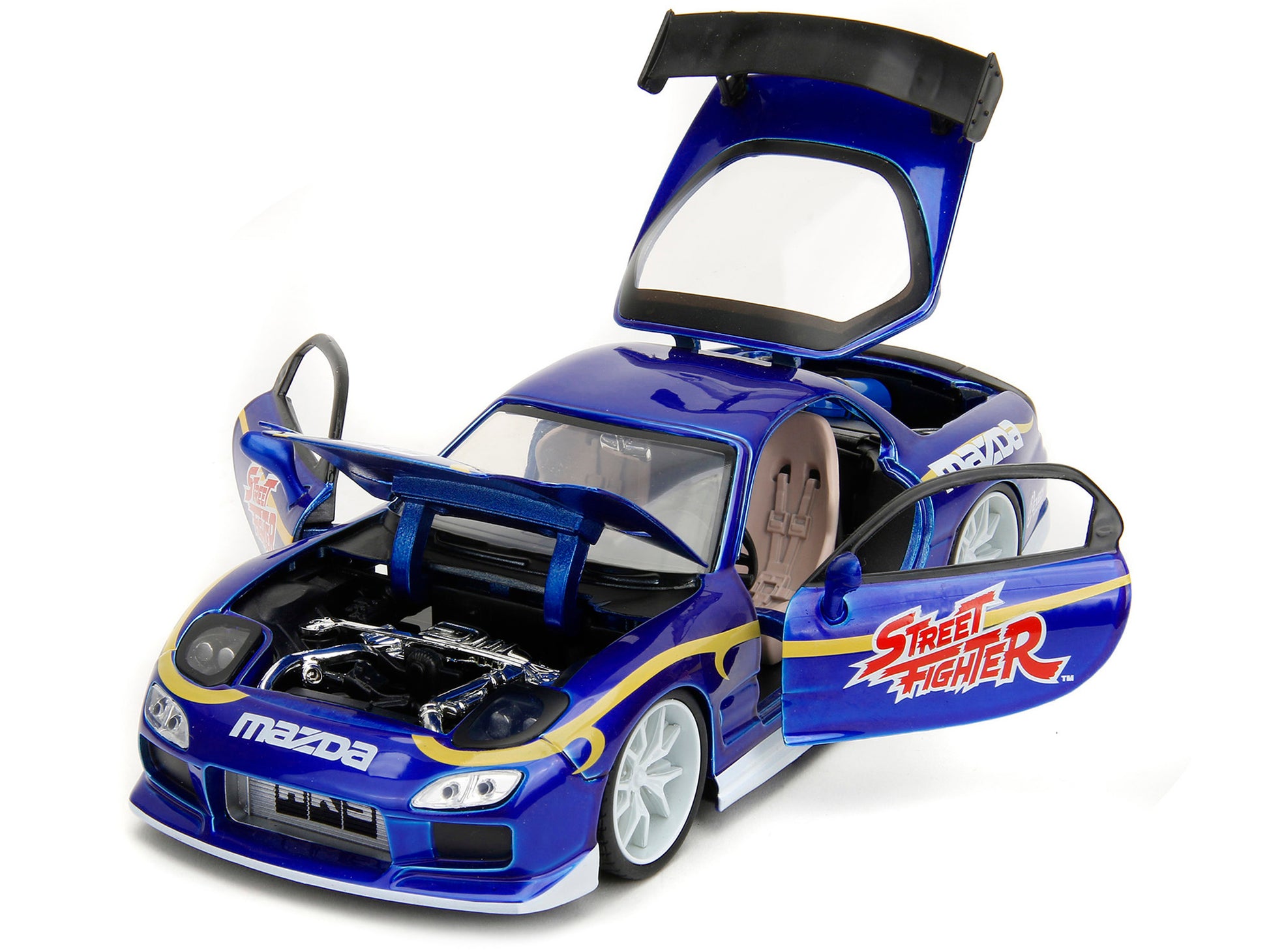 1993 Mazda RX-7 Candy Blue Metallic with Graphics and Chun-Li Diecast Figure "Street Fighter" Video Game "Anime Hollywood Rides" Series 1/24 Diecast Model Car by Jada-DiecastModeler.com