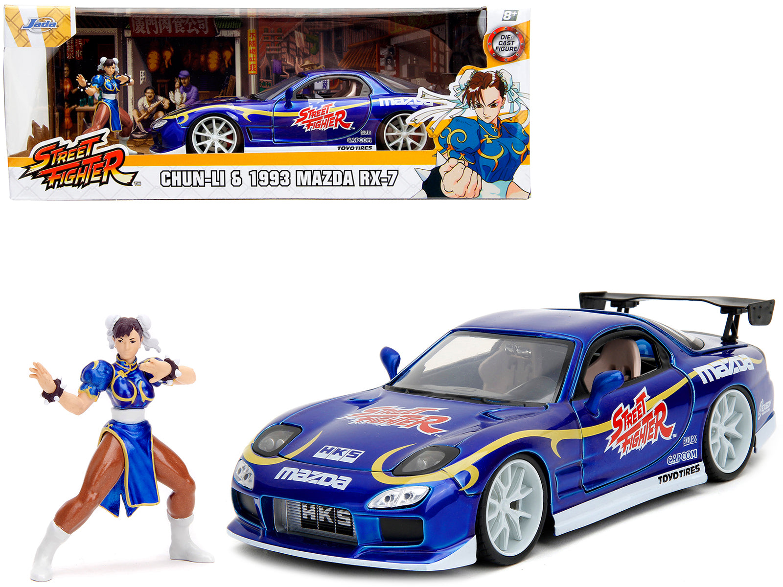 1993 Mazda RX-7 Candy Blue Metallic with Graphics and Chun-Li Diecast Figure "Street Fighter" Video Game "Anime Hollywood Rides" Series 1/24 Diecast Model Car by Jada-DiecastModeler.com
