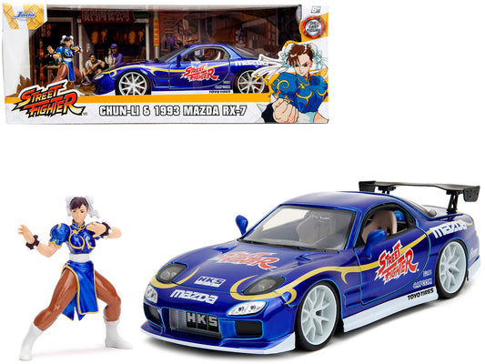 1993 Mazda RX-7 Candy Blue Metallic with Graphics and Chun-Li Diecast Figure "Street Fighter" Video Game "Anime Hollywood Rides" Series 1/24 Diecast Model Car by Jada-DiecastModeler.com