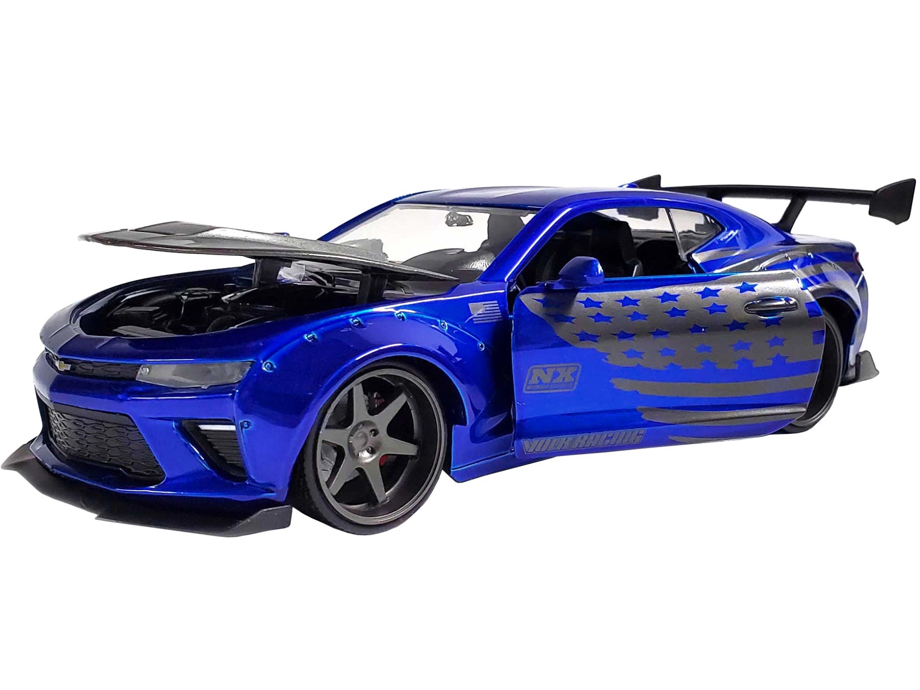 2016 Chevrolet Camaro Widebody Candy Blue with Gray Metallic Hood and American Flag Graphics "Bigtime Muscle" Series 1/24 Diecast Model Car by Jada-DiecastModeler.com