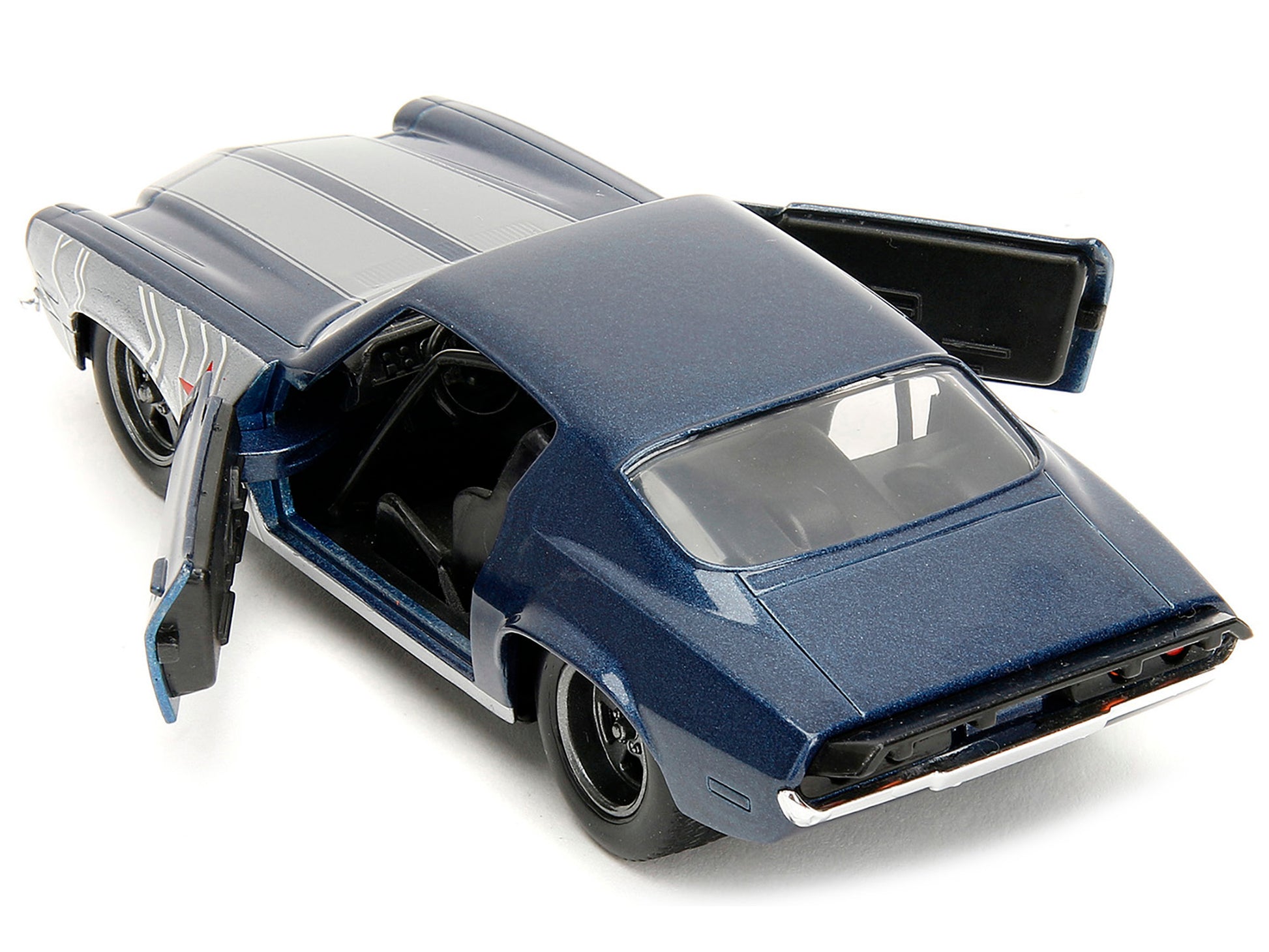 1973 Chevrolet Camaro Dark Blue Metallic with Gray Stripes and Winter Soldier Diecast Figure "Marvel Avengers" "Hollywood Rides" Series 1/32 Diecast Model Car by Jada-DiecastModeler.com