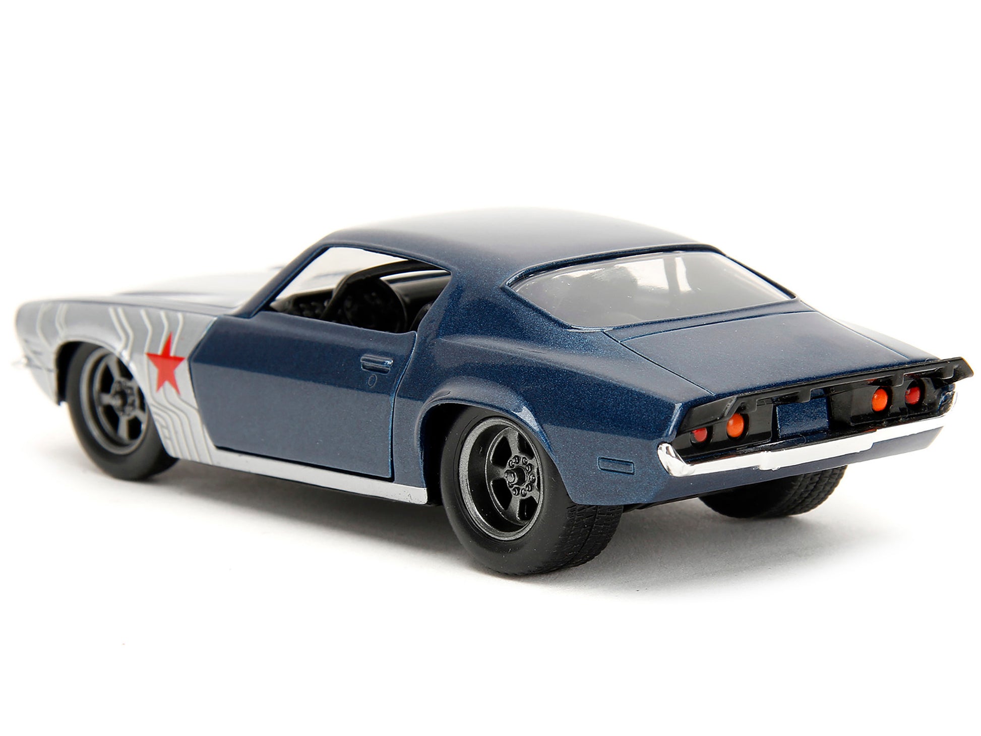 1973 Chevrolet Camaro Dark Blue Metallic with Gray Stripes and Winter Soldier Diecast Figure "Marvel Avengers" "Hollywood Rides" Series 1/32 Diecast Model Car by Jada-DiecastModeler.com