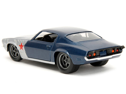 1973 Chevrolet Camaro Dark Blue Metallic with Gray Stripes and Winter Soldier Diecast Figure "Marvel Avengers" "Hollywood Rides" Series 1/32 Diecast Model Car by Jada-DiecastModeler.com
