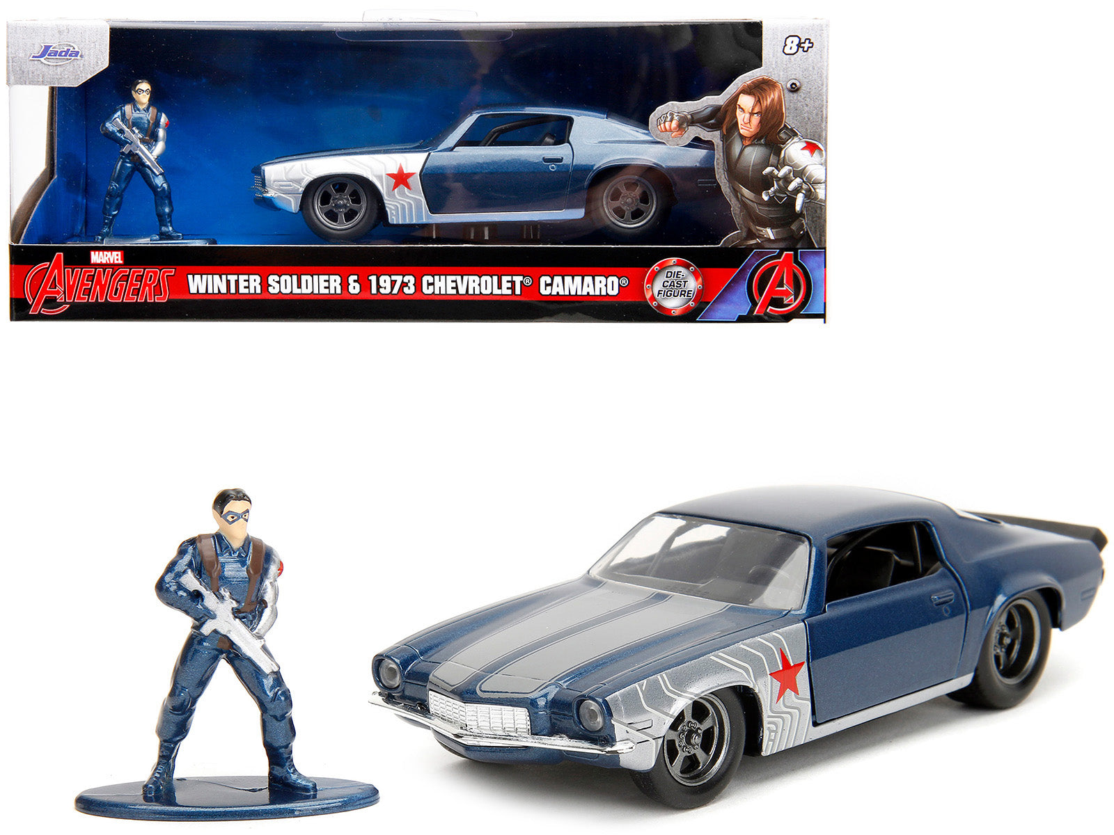 1973 Chevrolet Camaro Dark Blue Metallic with Gray Stripes and Winter Soldier Diecast Figure "Marvel Avengers" "Hollywood Rides" Series 1/32 Diecast Model Car by Jada-DiecastModeler.com