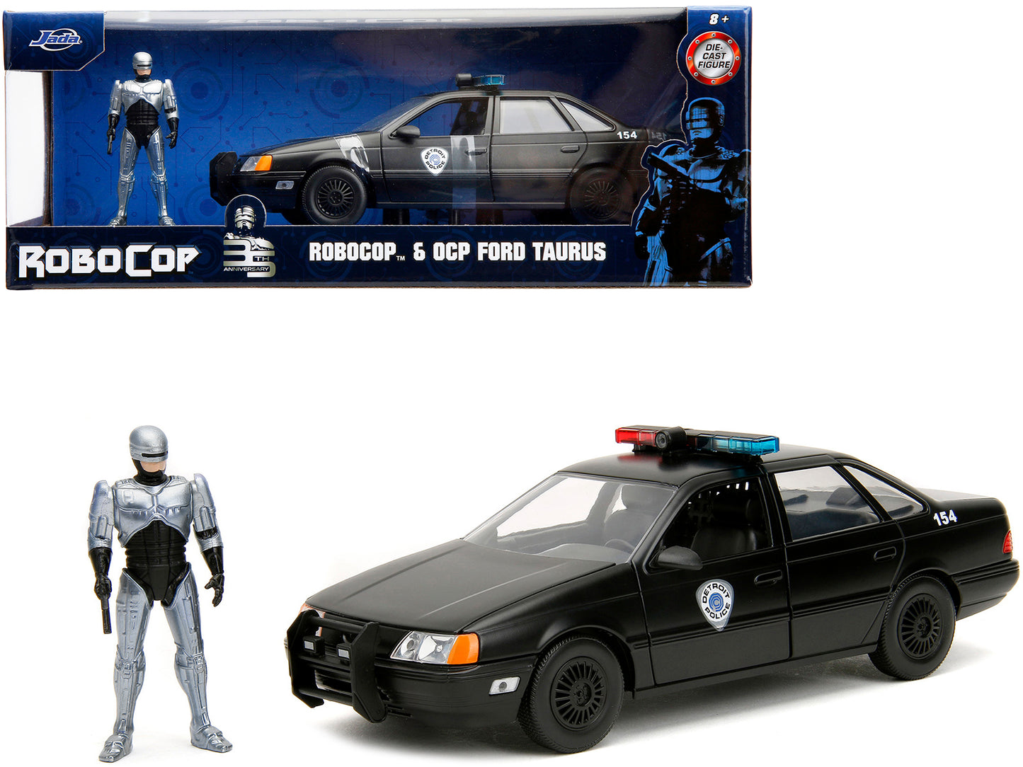 Ford Taurus OCP Matt Black "Detroit Police" and Robocop Diecast Figure 35th Anniversary "Robocop" (1987) Movie "Hollywood Rides" Series 1/24 Diecast Model Car by Jada-DiecastModeler.com