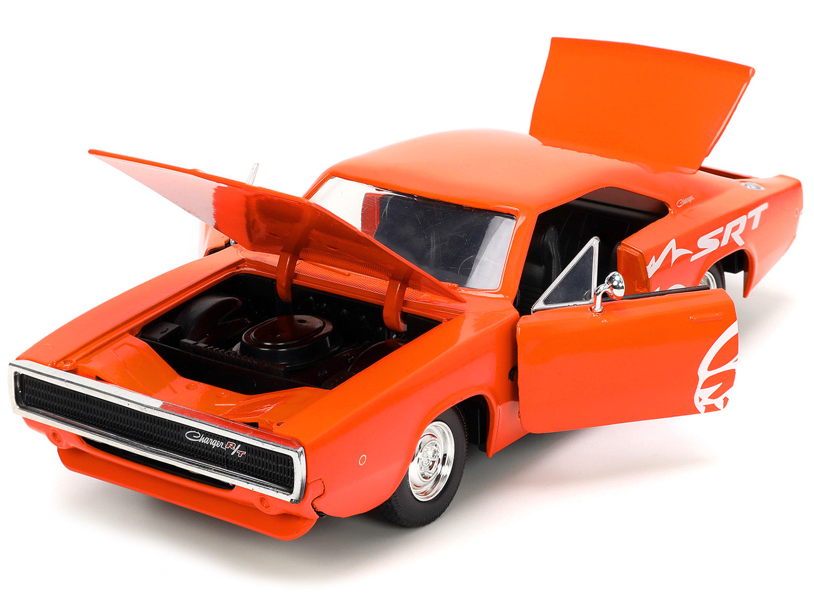1968 Dodge Charger R/T SRT Orange with White Stripes and Graphics "Bigtime Muscle" Series 1/24 Diecast Model Car by Jada-DiecastModeler.com