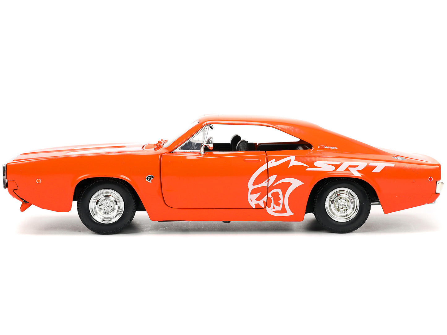 1968 Dodge Charger R/T SRT Orange with White Stripes and Graphics "Bigtime Muscle" Series 1/24 Diecast Model Car by Jada-DiecastModeler.com