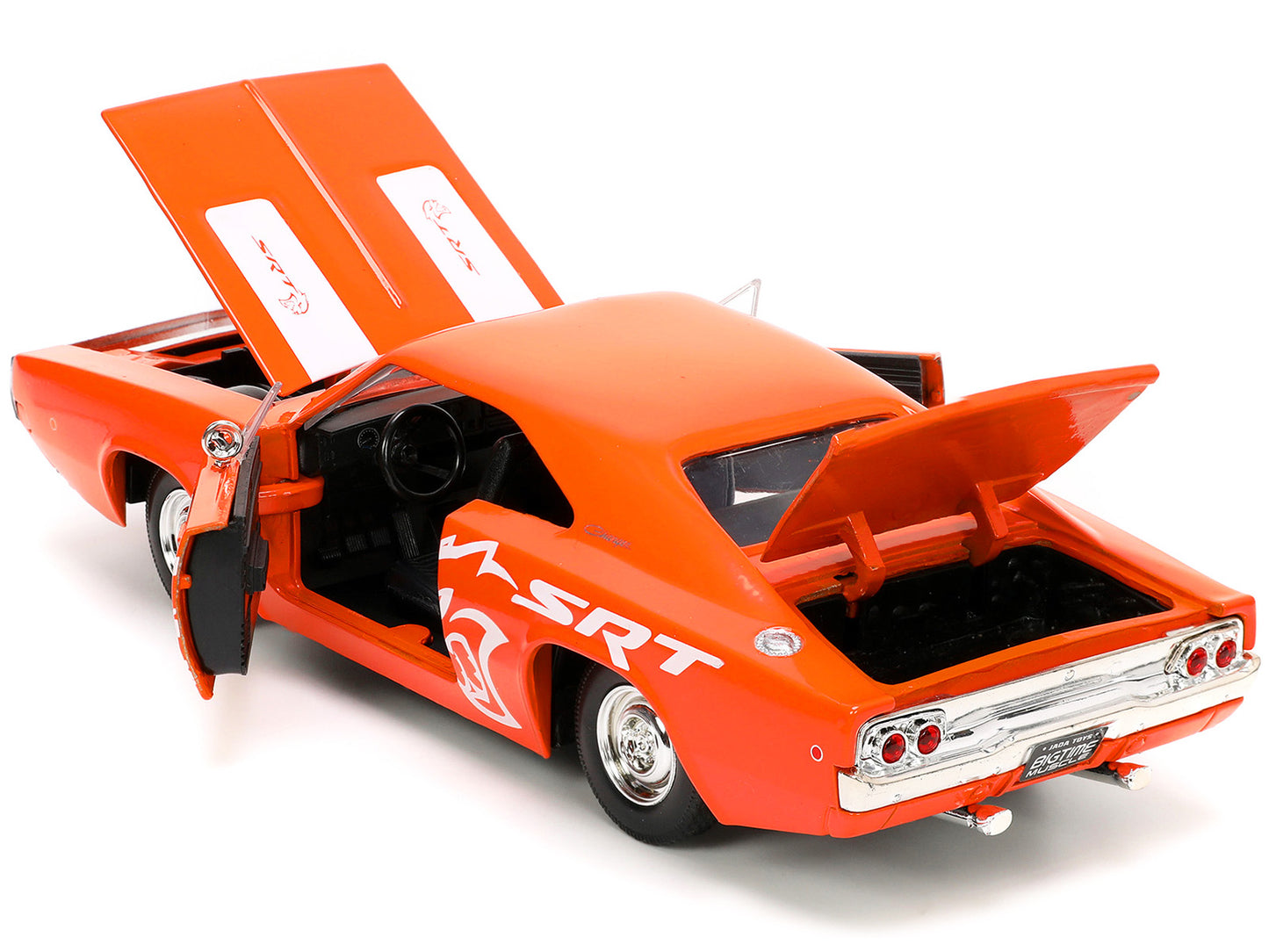 1968 Dodge Charger R/T SRT Orange with White Stripes and Graphics "Bigtime Muscle" Series 1/24 Diecast Model Car by Jada-DiecastModeler.com