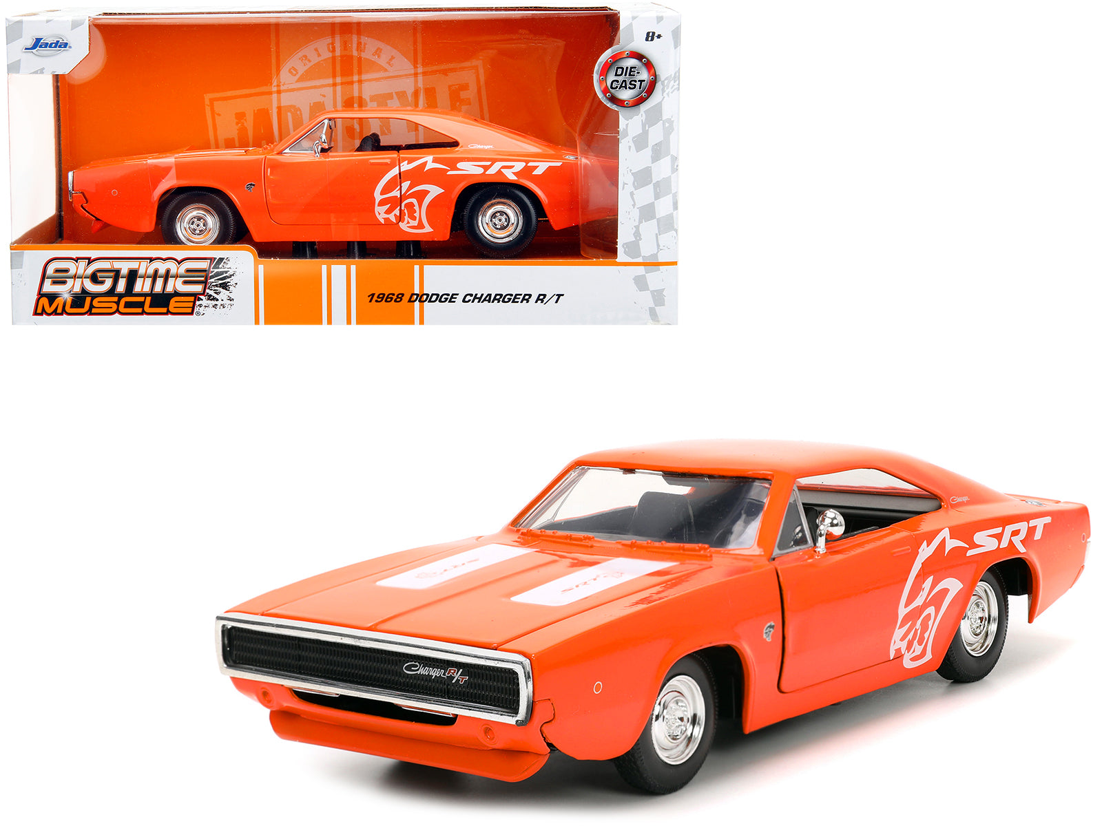 1968 Dodge Charger R/T SRT Orange with White Stripes and Graphics "Bigtime Muscle" Series 1/24 Diecast Model Car by Jada-DiecastModeler.com