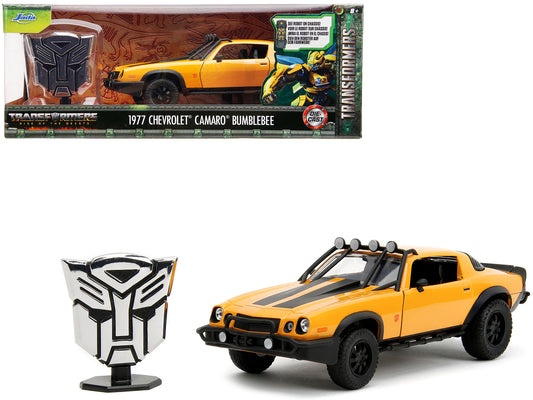 1977 Chevrolet Camaro Off-Road Version "Bumblebee" Yellow Metallic with Black Stripes and Transformers Logo Diecast Statue "Transformers: Rise of the Beasts" (2023) Movie "Hollywood Rides" Series 1/24 Diecast Model Car by Jada-DiecastModeler.com