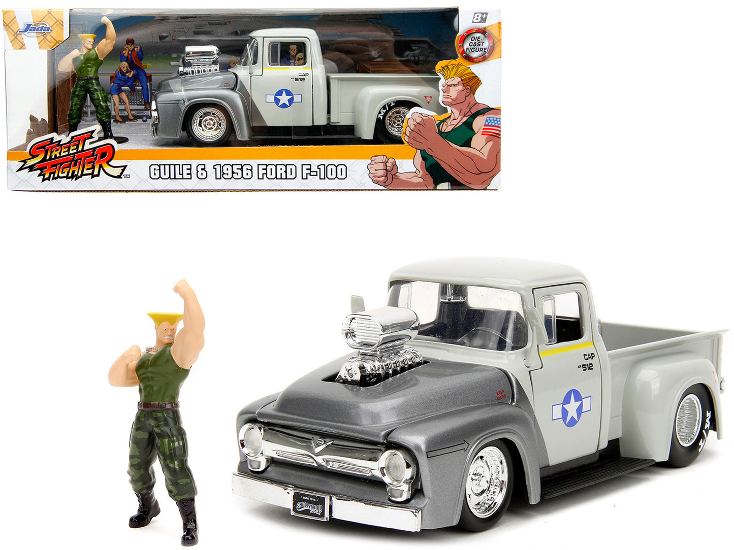 1956 Ford F-100 Pickup Truck Tan and Gray Metallic and Guile Diecast Figure "Street Fighter" Video Game "Anime Hollywood Rides" Series 1/24 Diecast Model Car by Jada-DiecastModeler.com