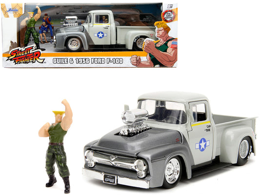 1956 Ford F-100 Pickup Truck Tan and Gray Metallic and Guile Diecast Figure "Street Fighter" Video Game "Anime Hollywood Rides" Series 1/24 Diecast Model Car by Jada-DiecastModeler.com