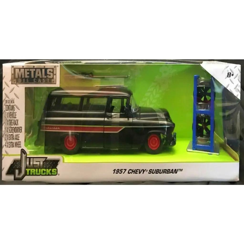 Jada Just Trucks - 1957 Chevy Suburban (Primer Black/Red) 1:24-DiecastModeler.com