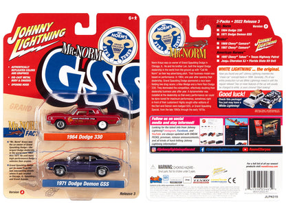 1964 Dodge 330 "Mr. Norm - Grand Spaulding Dodge" Red and 1971 Dodge Demon GSS Plum Crazy with Black Top and Stripes "Mr. Norm GSS" Series Set of 2 Cars 1/64 Diecast Model Cars by Johnny Lightning