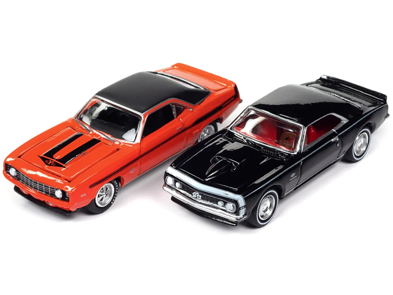 1969 Chevrolet Camaro Hugger Orange with Black Top and Stripes and 1967 Chevrolet Camaro Black with White Stripe and Red Interior "Yenko" Series Set of 2 Cars 1/64 Diecast Model Cars by Johnny Lightning-DiecastModeler.com