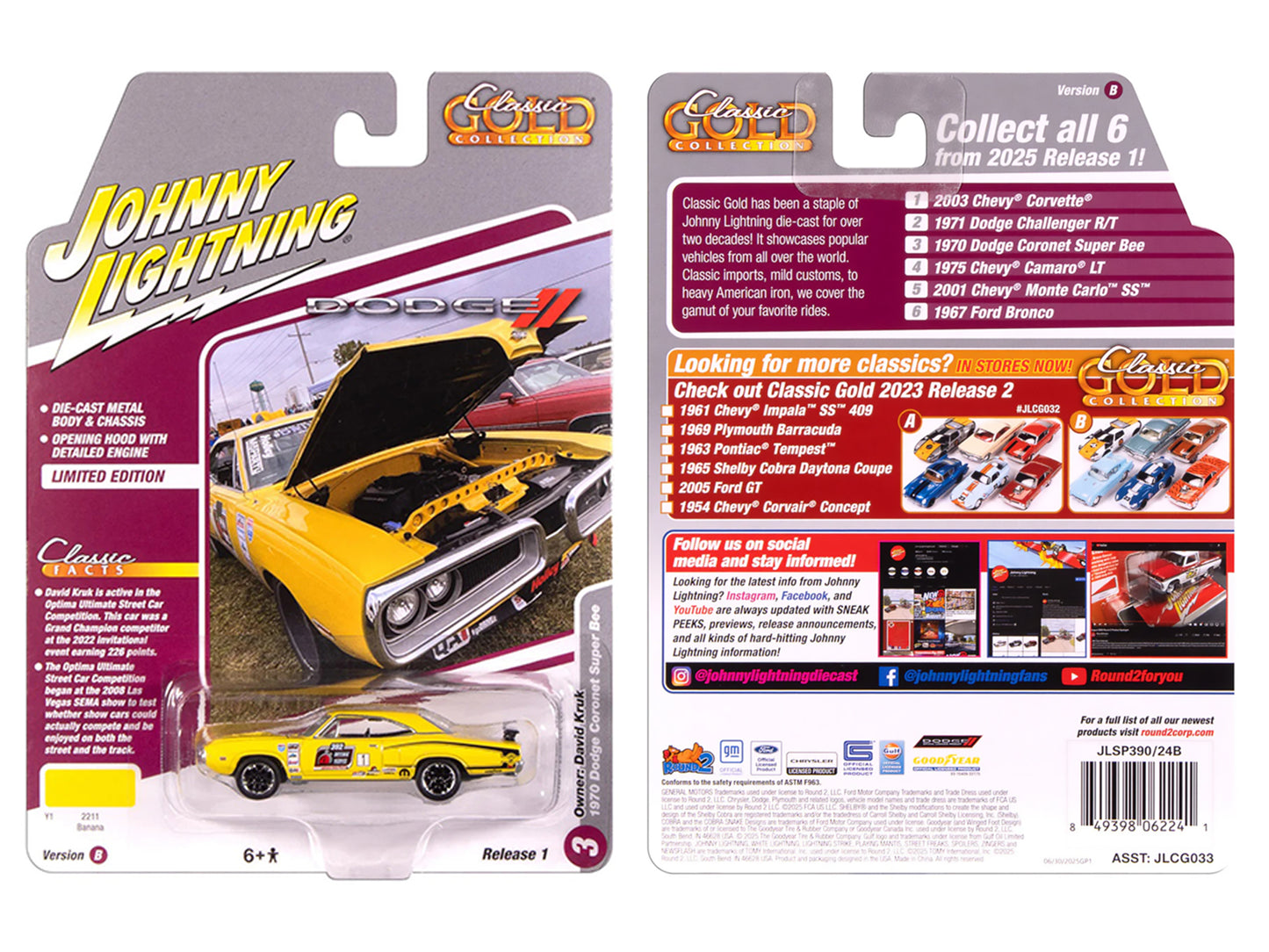 1970 Dodge Coronet Super Bee #1 "David Kruk" Banana Yellow with Black Stripes and Top "Classic Gold Collection" 1/64 Diecast Model Car by Johnny Lightning