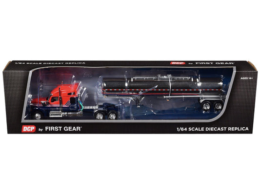 Kenworth W990 with 76" Mid-Roof Sleeper and Brenner Chemical Grade Tandem Axle Tanker Trailer Red and Navy Blue 1/64 Diecast Model by DCP/First Gear-DiecastModeler.com