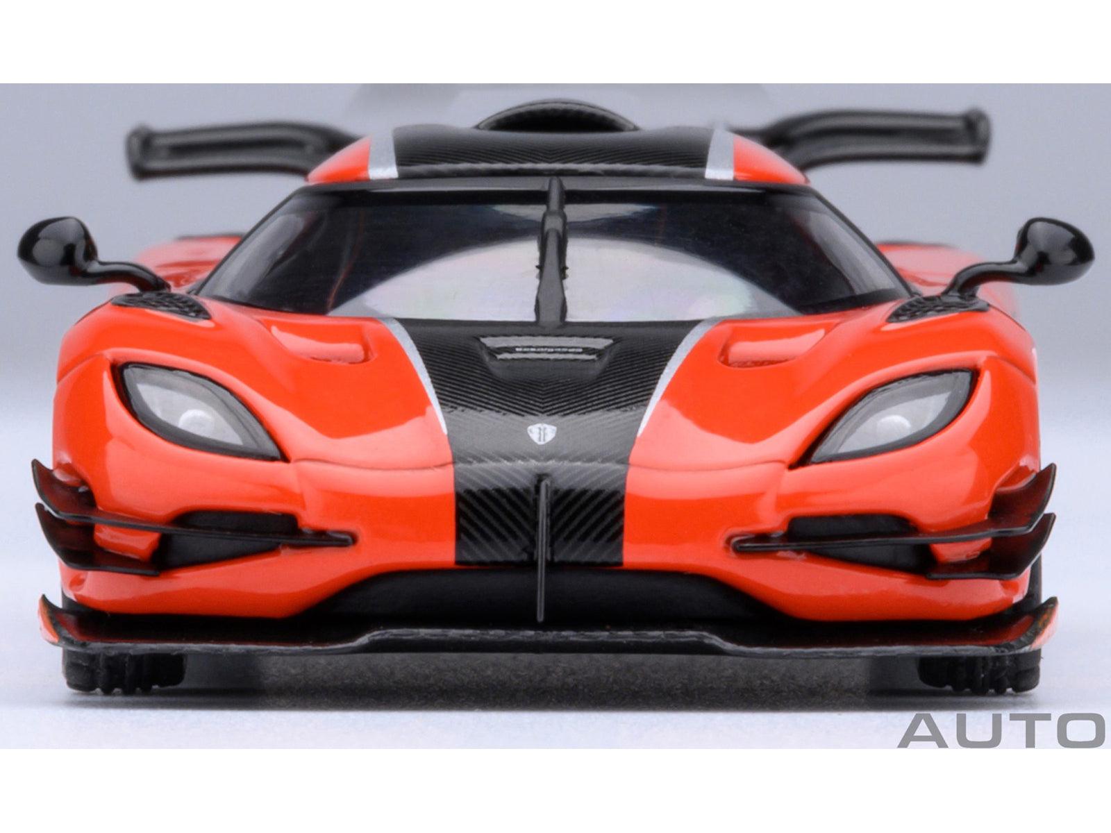 Koenigsegg One:1 Lava Orange with Carbon and Silver Stripes 1/64 Diecast Model Car by Autoart-DiecastModeler.com
