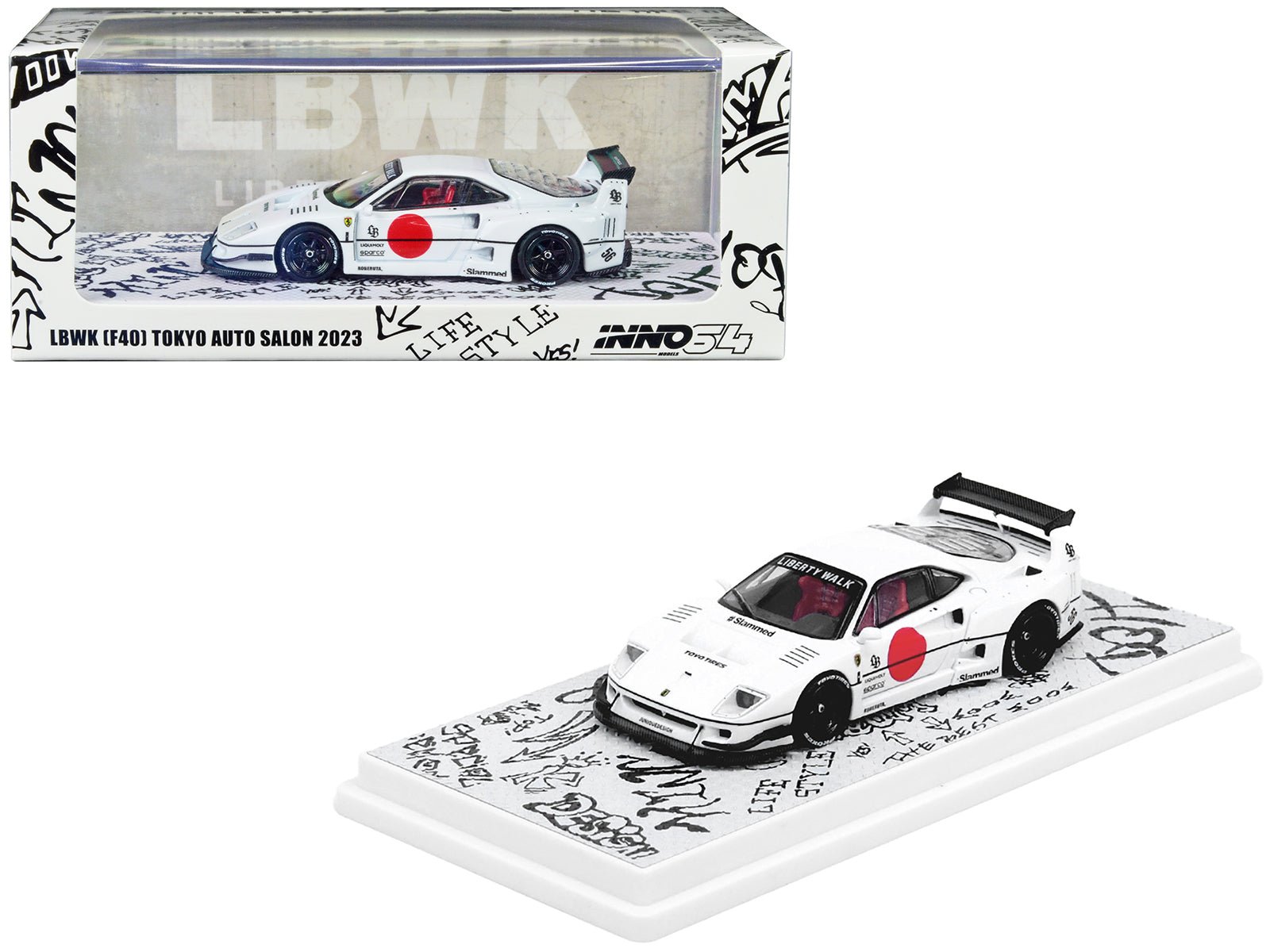 LBWK (Liberty Walk) F40 White with Graphics "Tokyo Auto Salon 2023" 1/64 Diecast Model Car by Inno Models-DiecastModeler.com