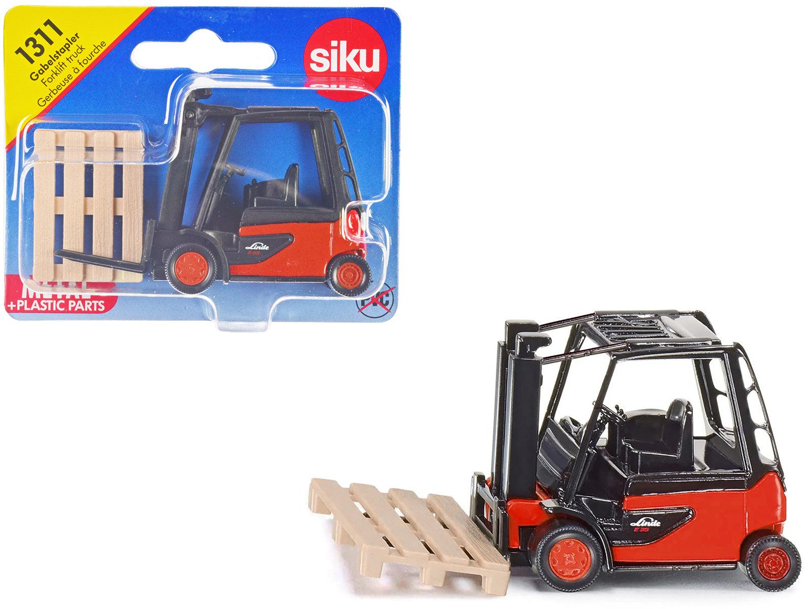 Linde E35 Forklift Truck Red with Black Top with Pallet Accessory Diecast Model by Siku-DiecastModeler.com