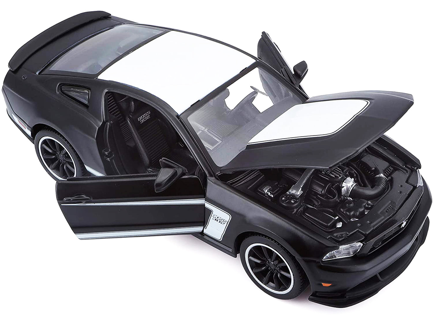 2012 Ford Mustang Boss 302 Matt Black and White 1/24 Diecast Model Car by Maisto-DiecastModeler.com